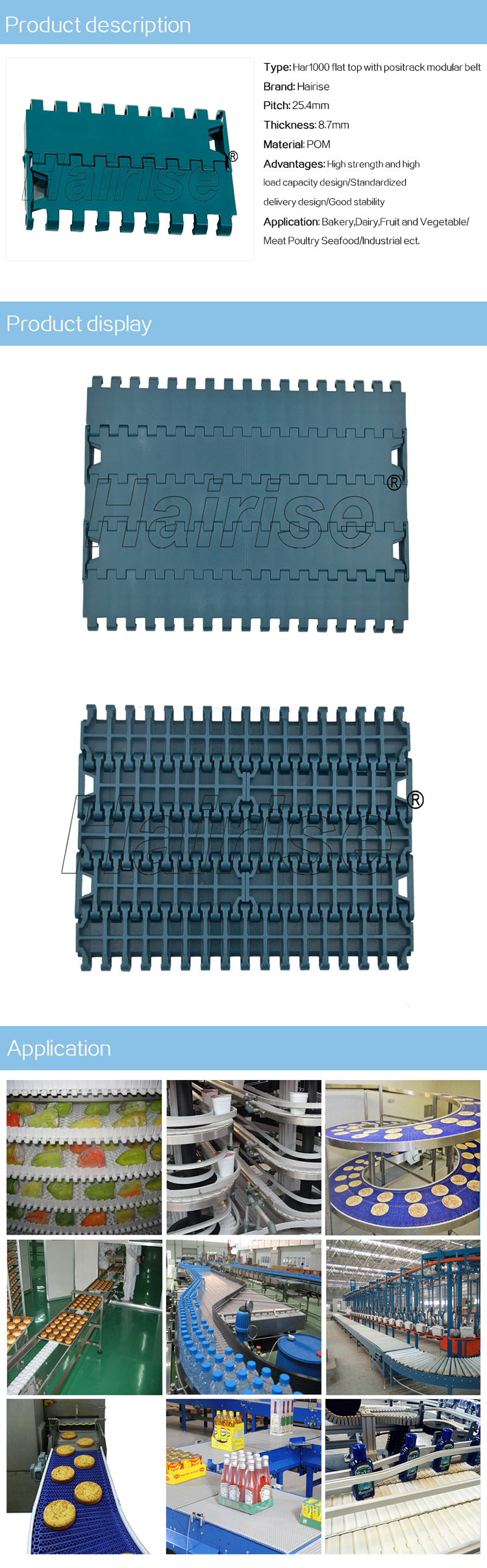 Plastic Modular Belts Cbms1000 series flat top with positrack modular belt