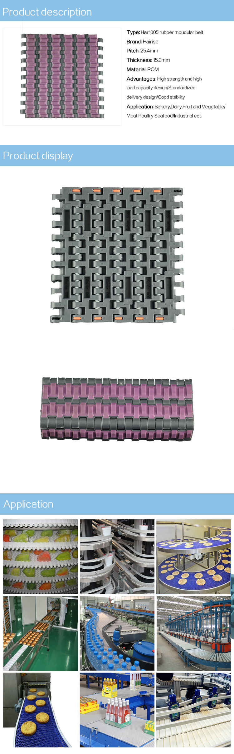 Plastic Modular Belts Cbms1005 series rubber top modular belt