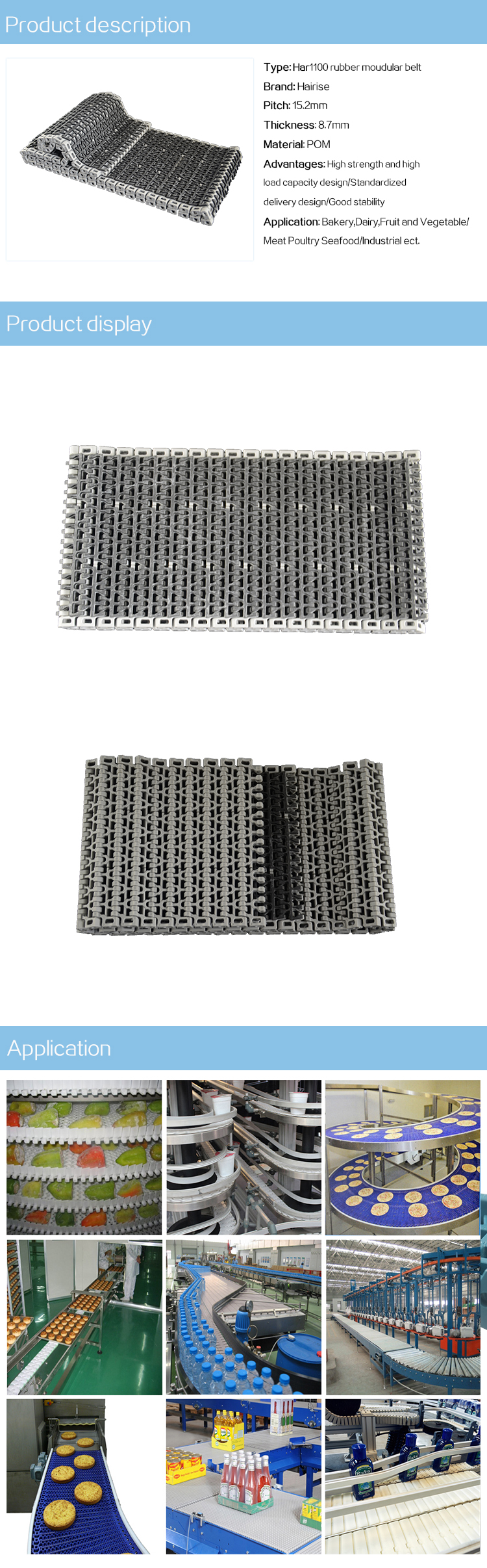 Plastic Modular Belts Cbms1100 series rubber top modular belt