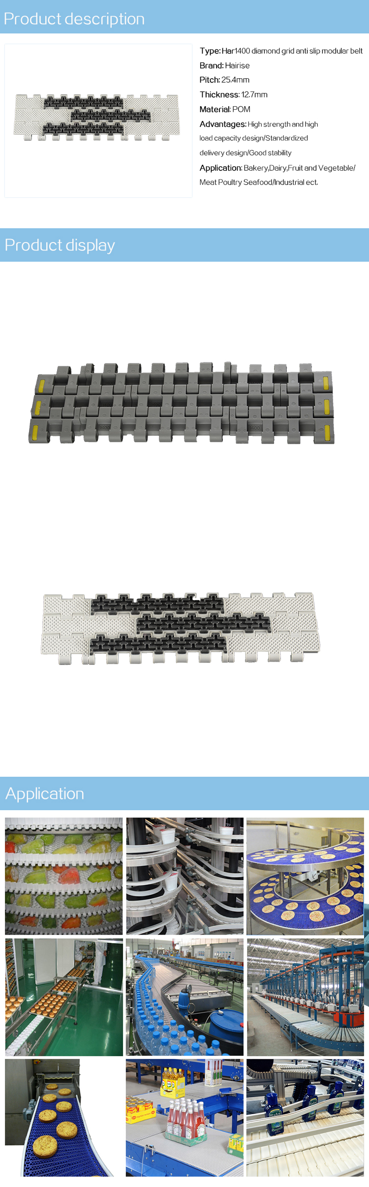 Plastic Modular Belts Cbms1400 series diamond grid anti slip modular belt