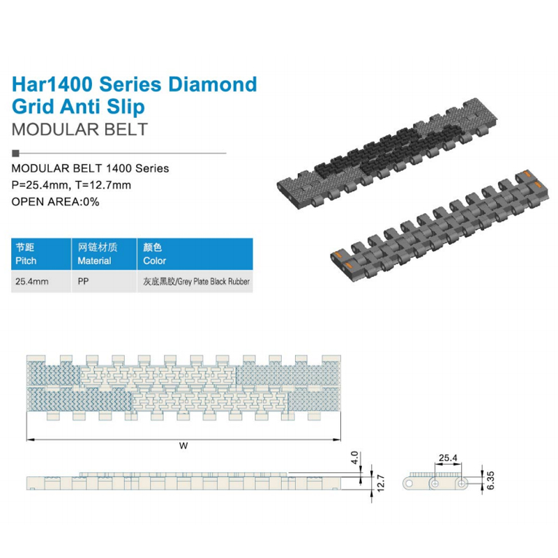 Plastic Modular Belts Cbms1400 series diamond grid anti slip modular belt