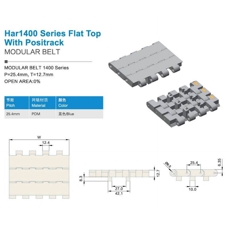 Plastic Modular Belts Cbms1400 series flat top with positrack modular belt