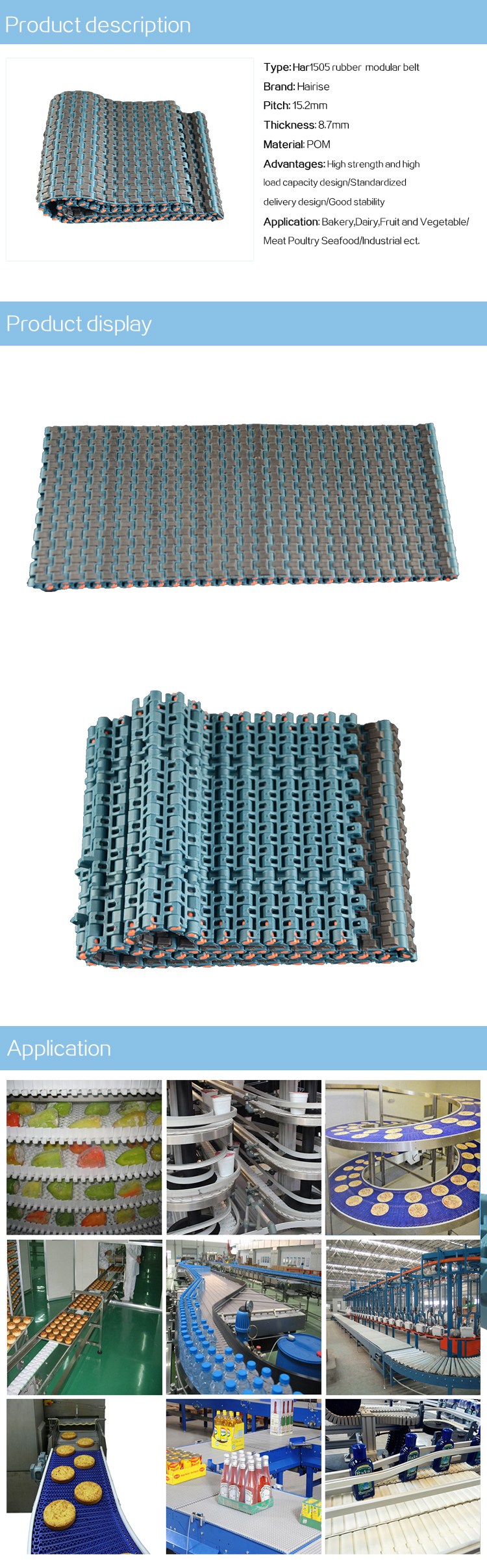 Plastic Modular Belts Cbms1505 series rubber top modular belt