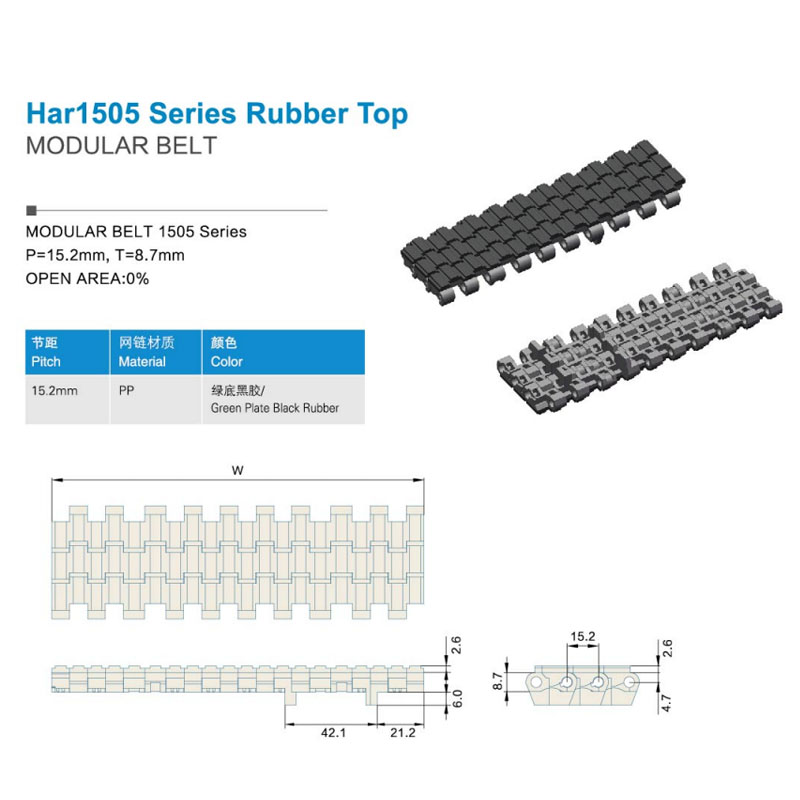 Plastic Modular Belts Cbms1505 series rubber top modular belt