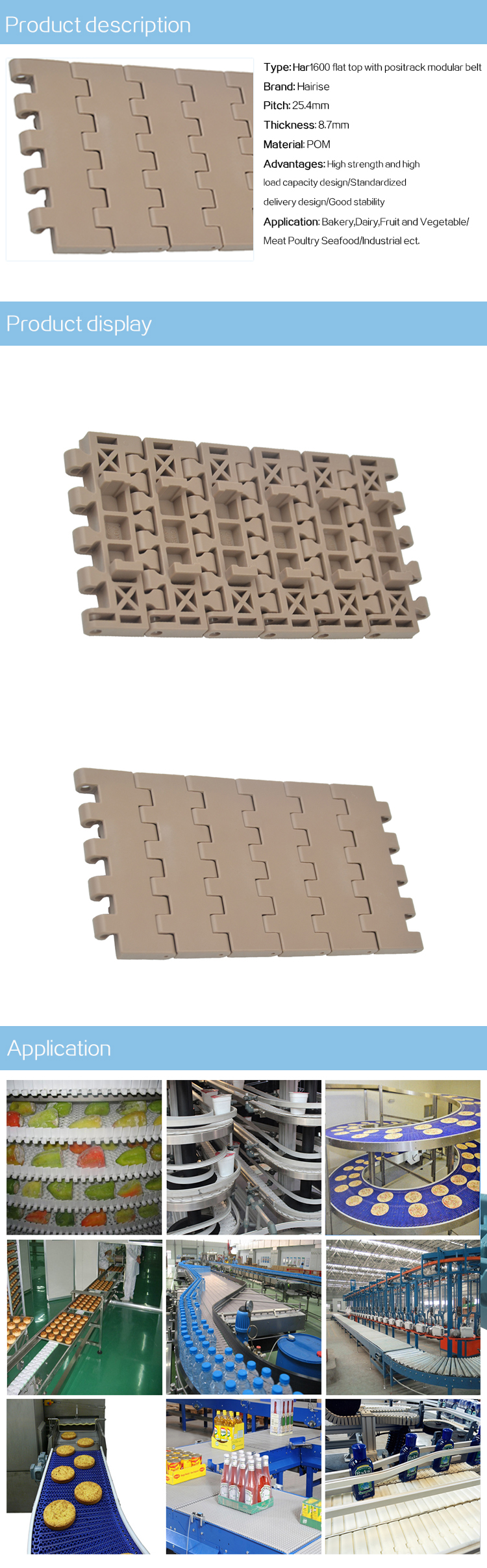 Plastic Modular Belts Cbms1600 series flat top with positrack modular belt