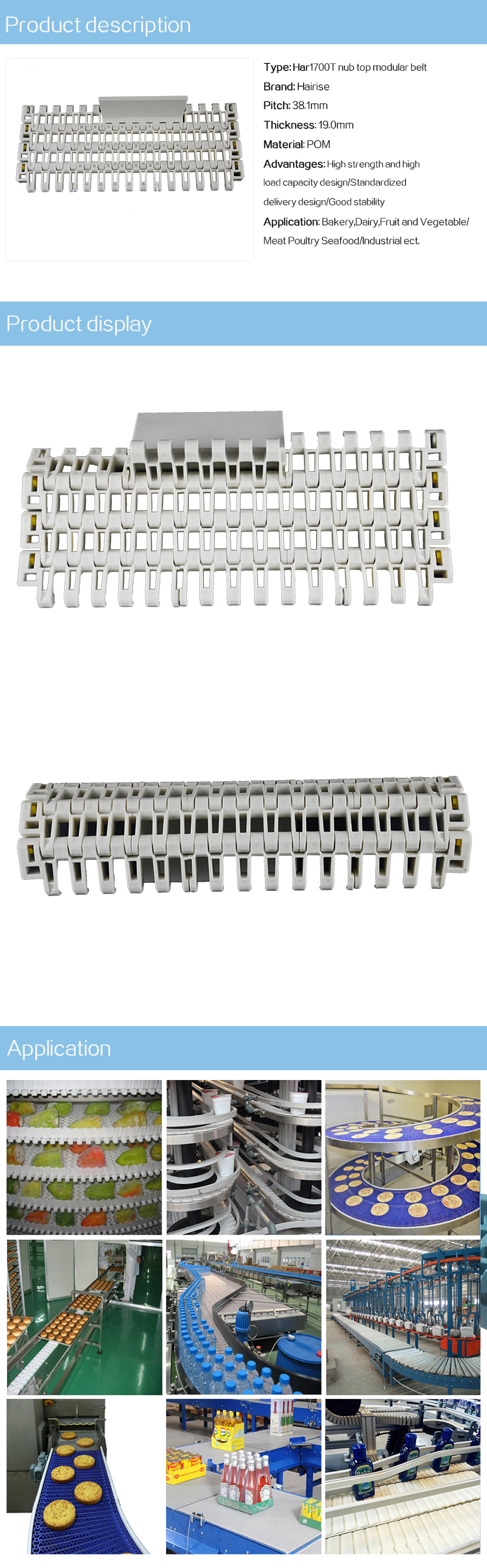 Plastic Modular Belts Cbms1700T series nub top modular belt