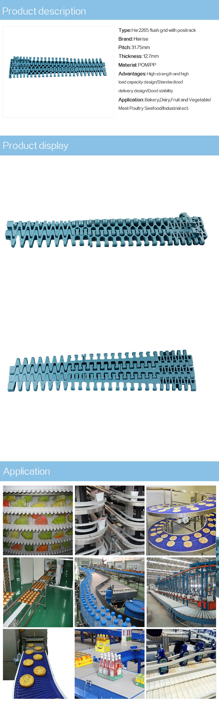 Plastic Modular Belts Cbms2265 series flush grid with positrack modular belt