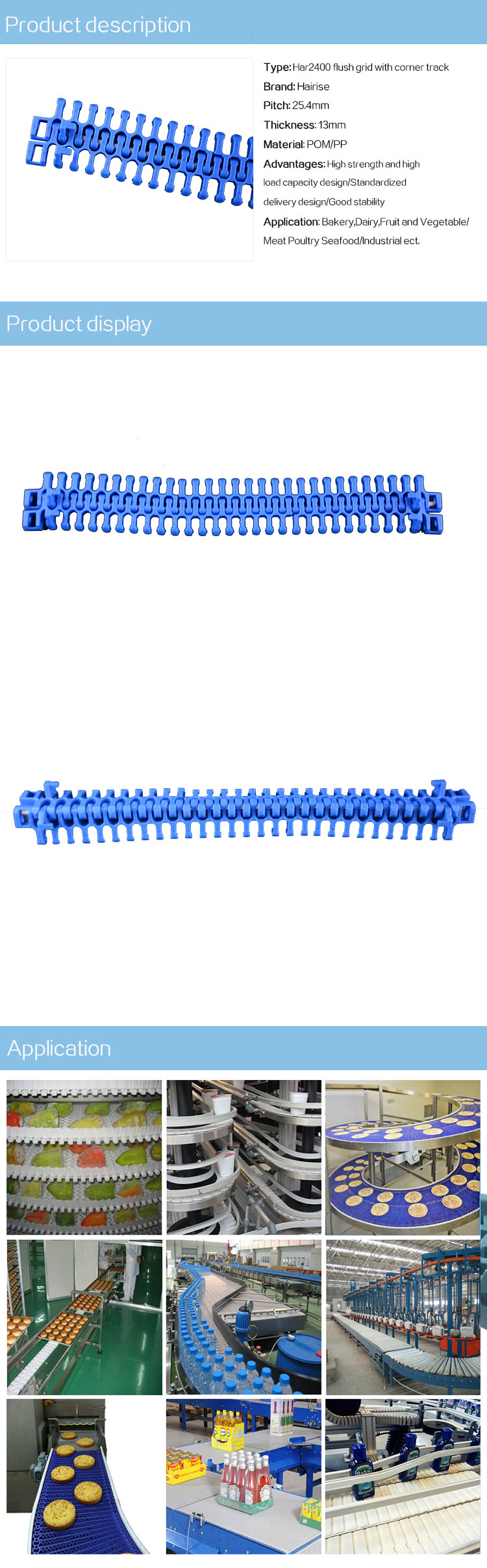 Plastic Modular Belts Cbms2400 series flush grid with conner track modular belt