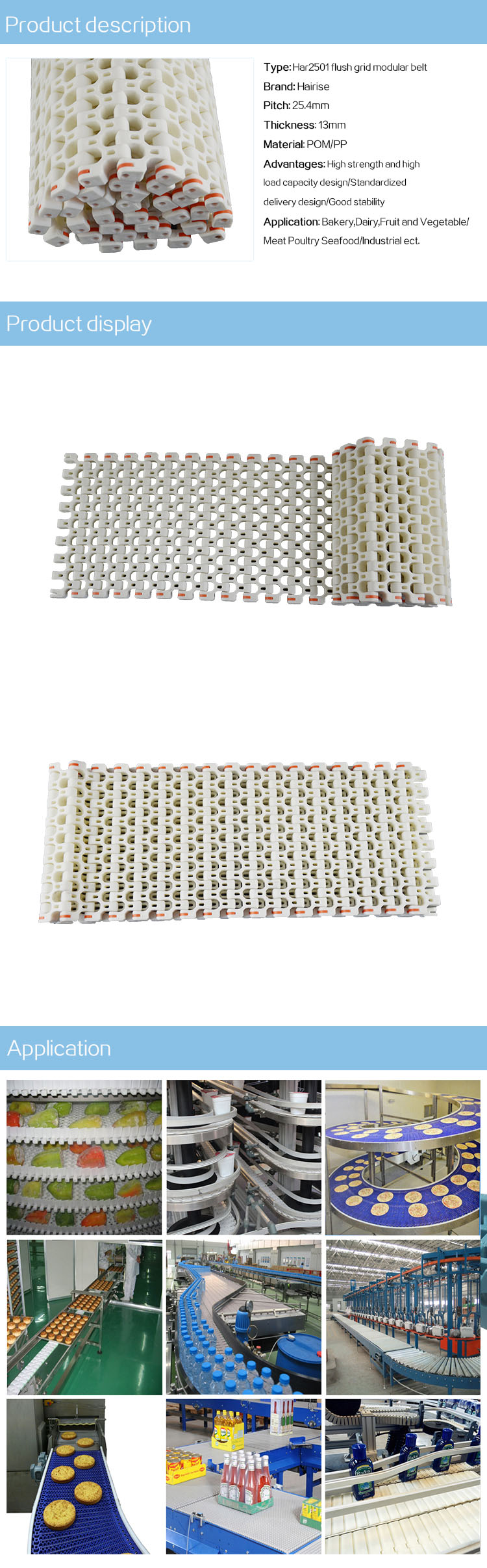 Plastic Modular Belts Cbms2501 series flush grid modular belt