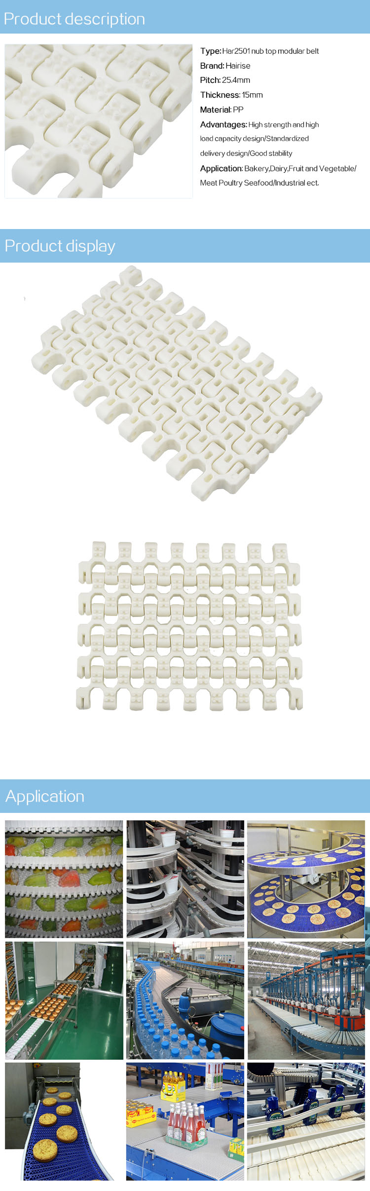 Plastic Modular Belts Cbms2501 series nub top modular belt