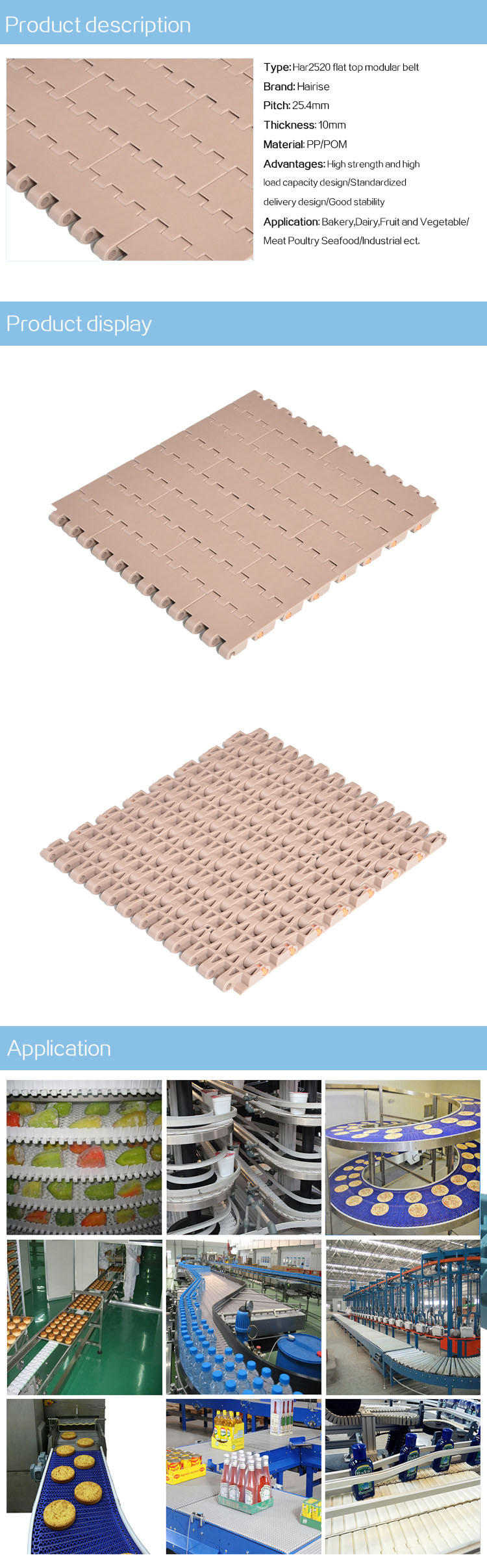 Plastic Modular Belts Cbms2520 series flat top modular belt