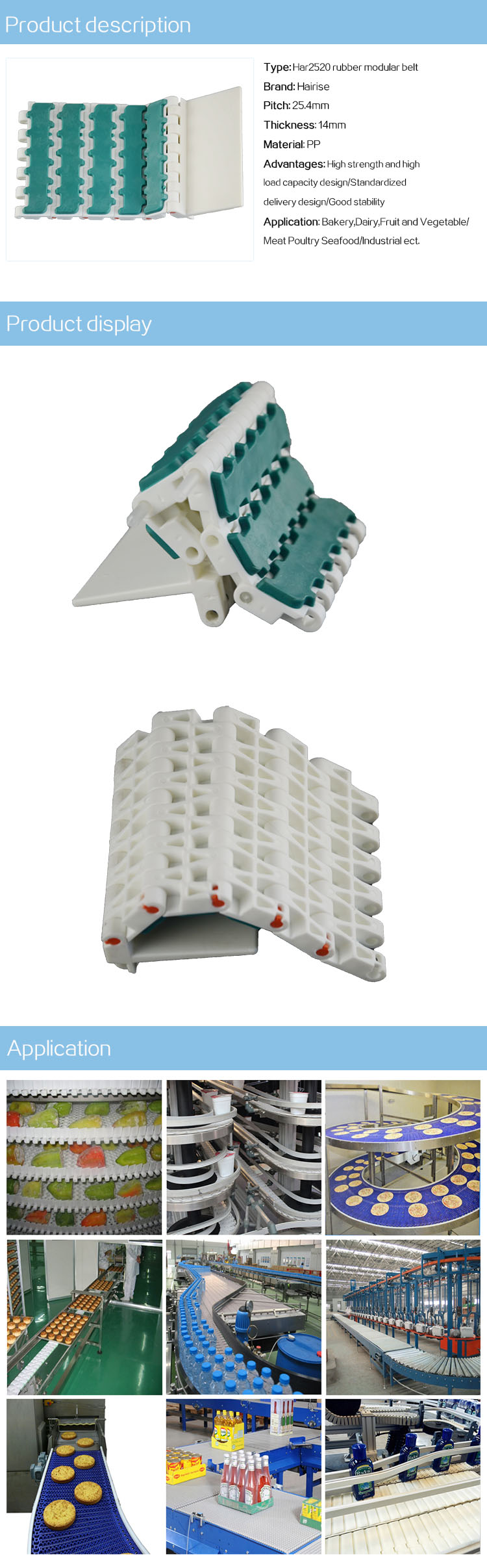 Plastic Modular Belts Cbms2520 series rubber top modular belt