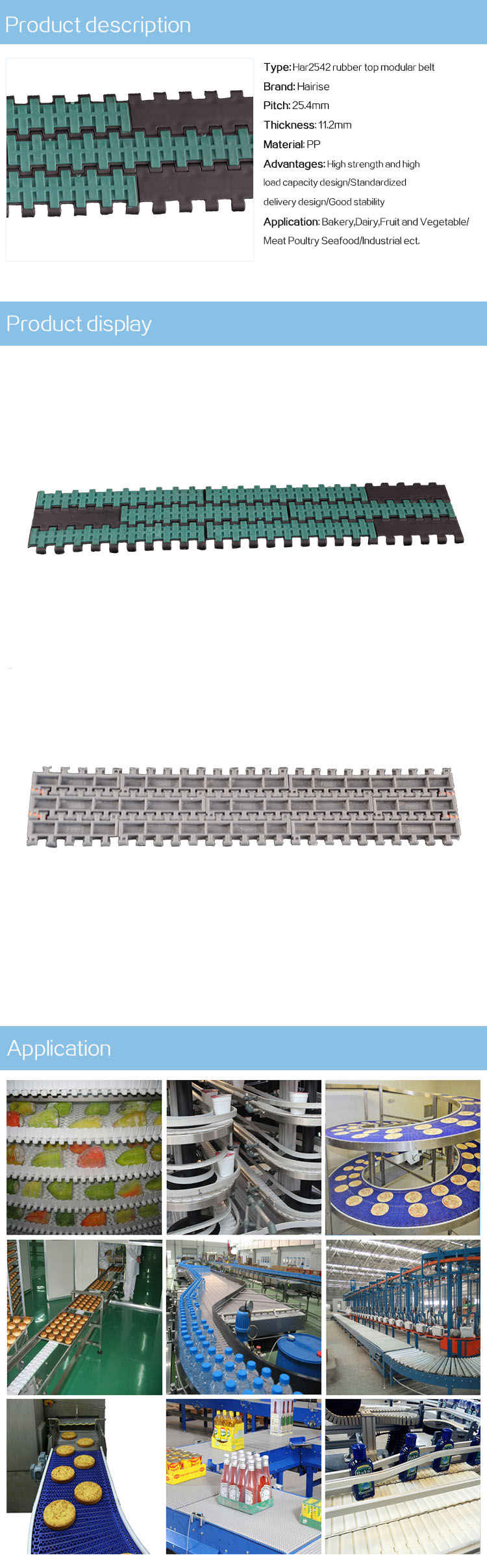Plastic Modular Belts Cbms2542 series rubber top modular belt