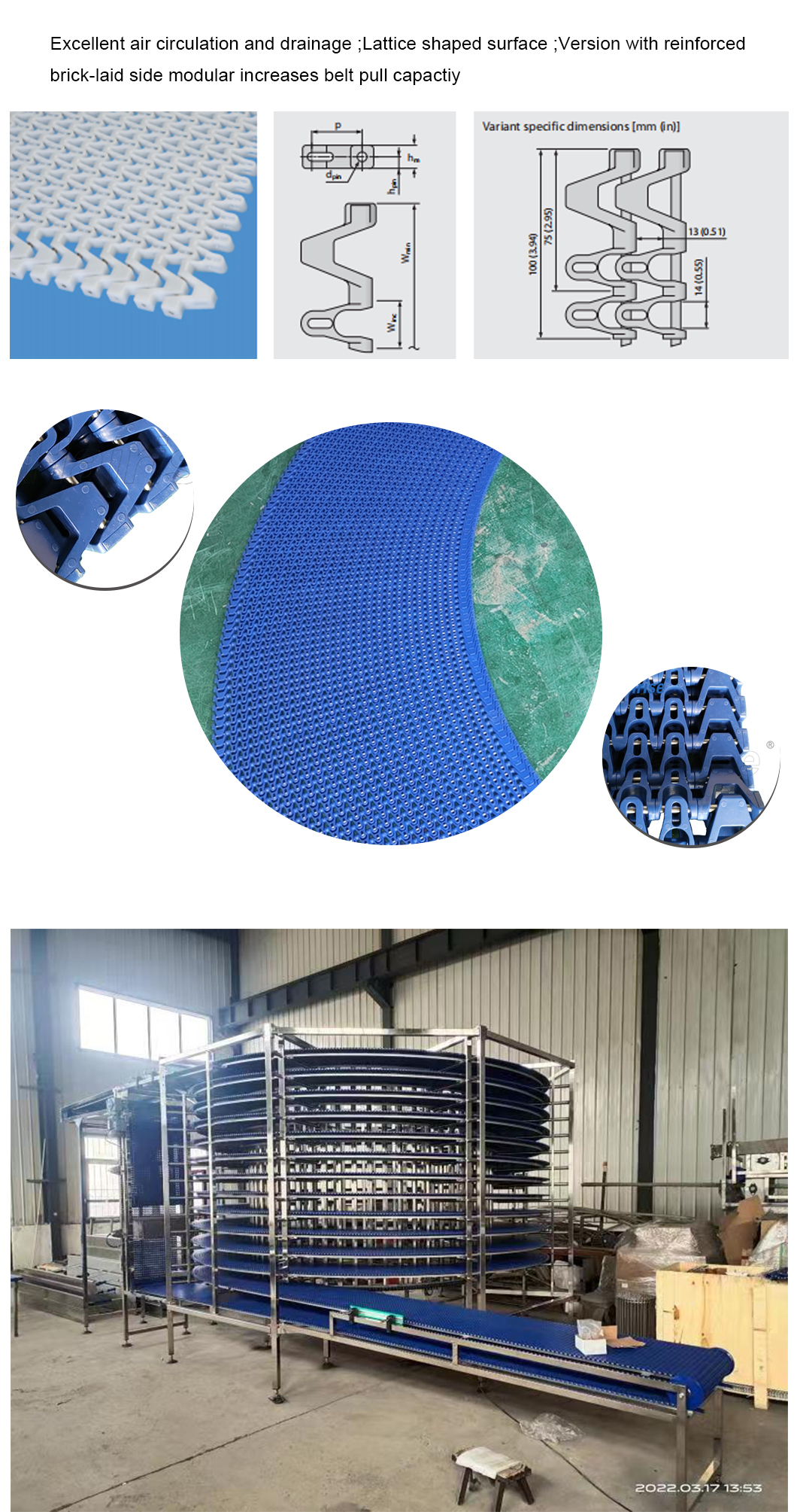 Plastic Modular Belts Cbms2548 flush grid modular belt used for sprial conveyor system