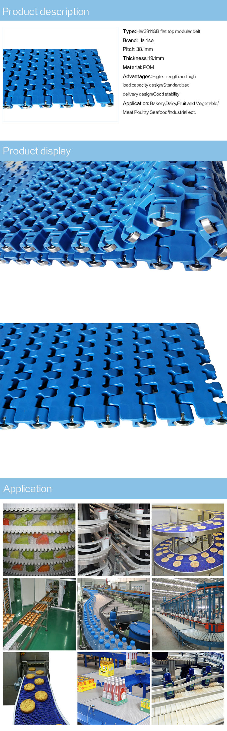Plastic Modular Belts Cbms3811GB series flat top modular belt