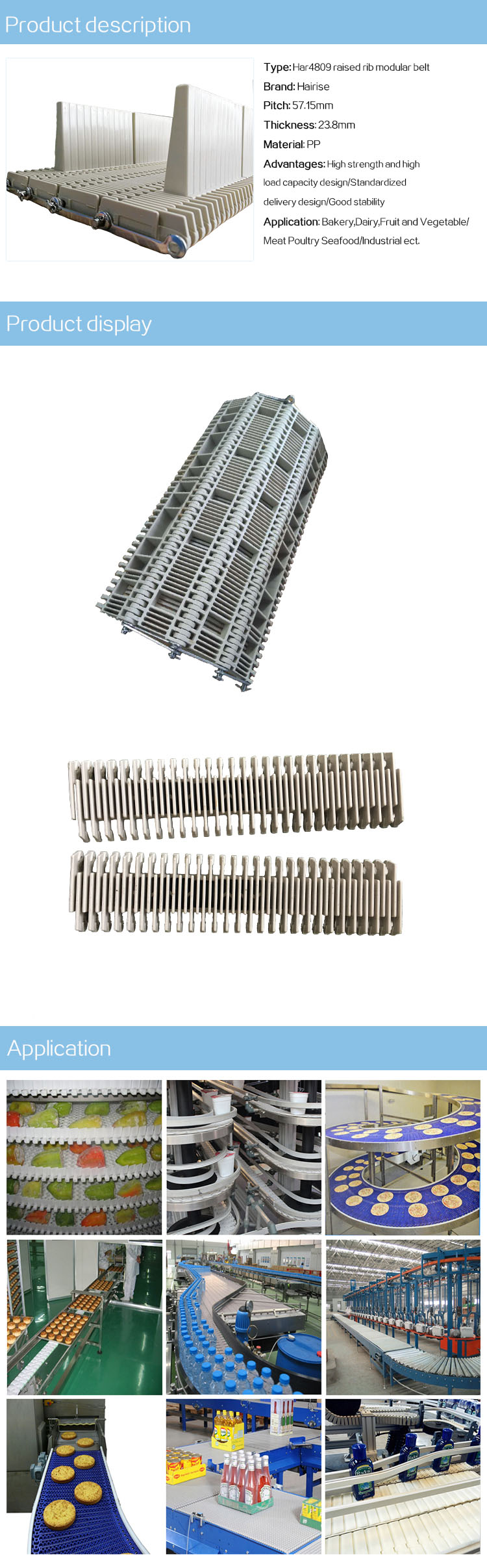 Plastic Modular Belts Cbms4809 serie raised rib modular belt