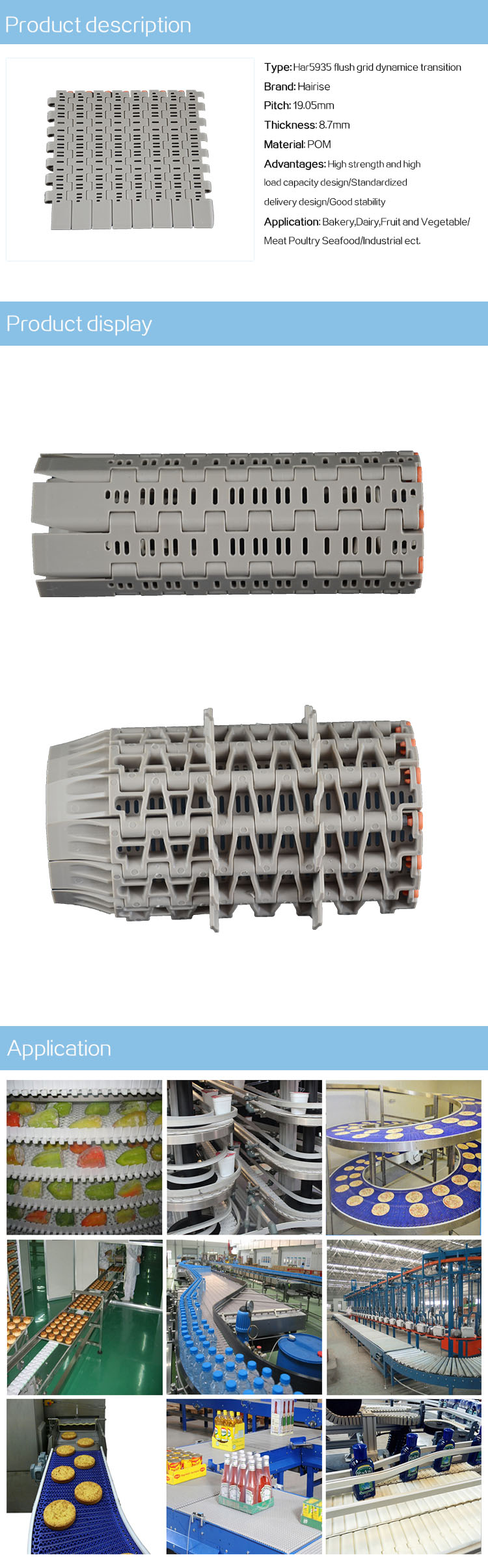 Plastic Modular Belts Cbms5935 series flush grid dynamic transition modular belt