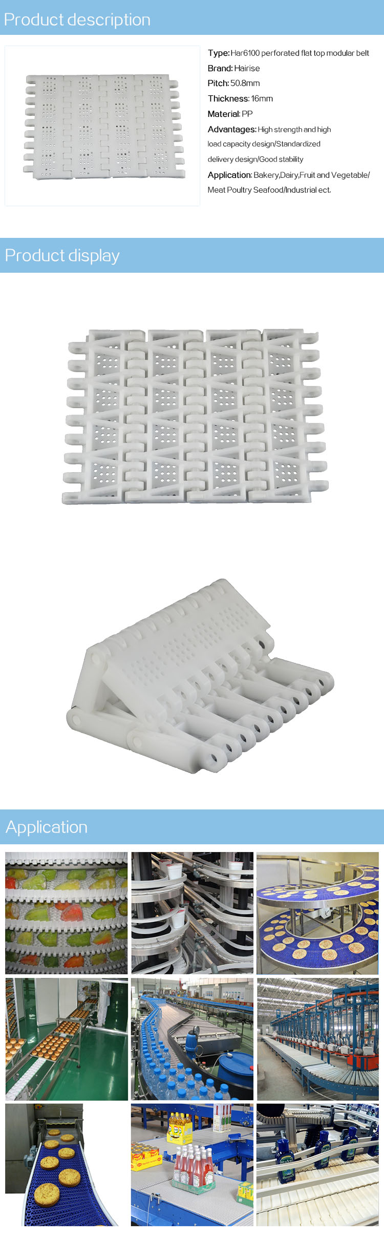 Plastic Modular Belts Cbms6100 series perforated flat top modular belt