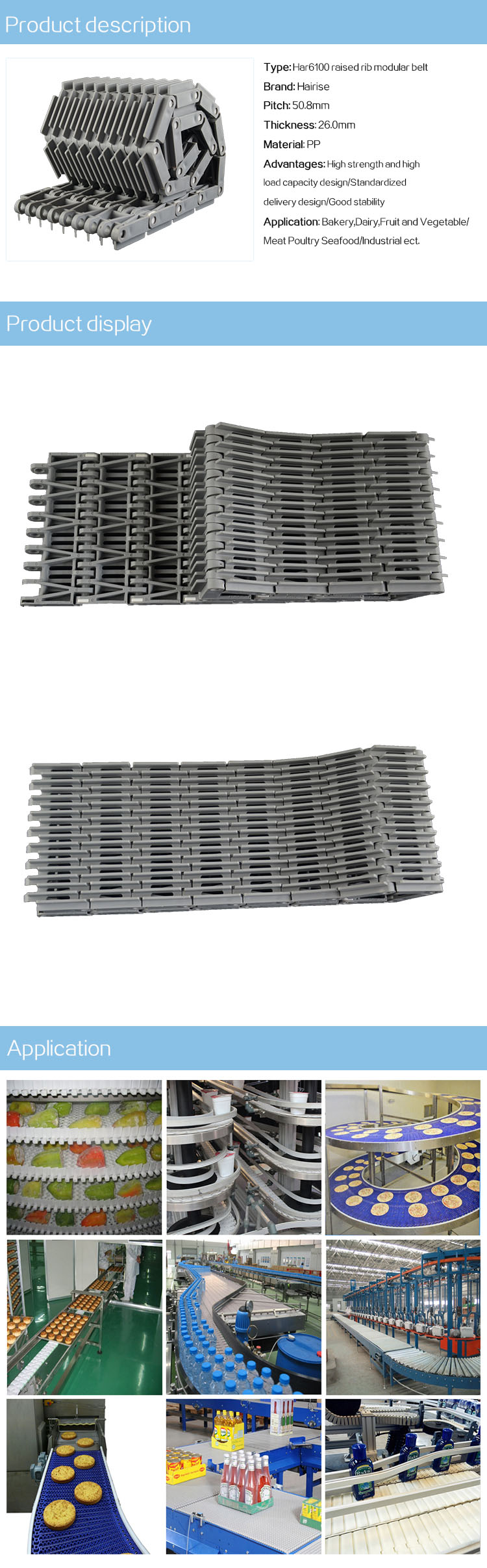 Plastic Modular Belts Cbms6100 series raised rib modular belt