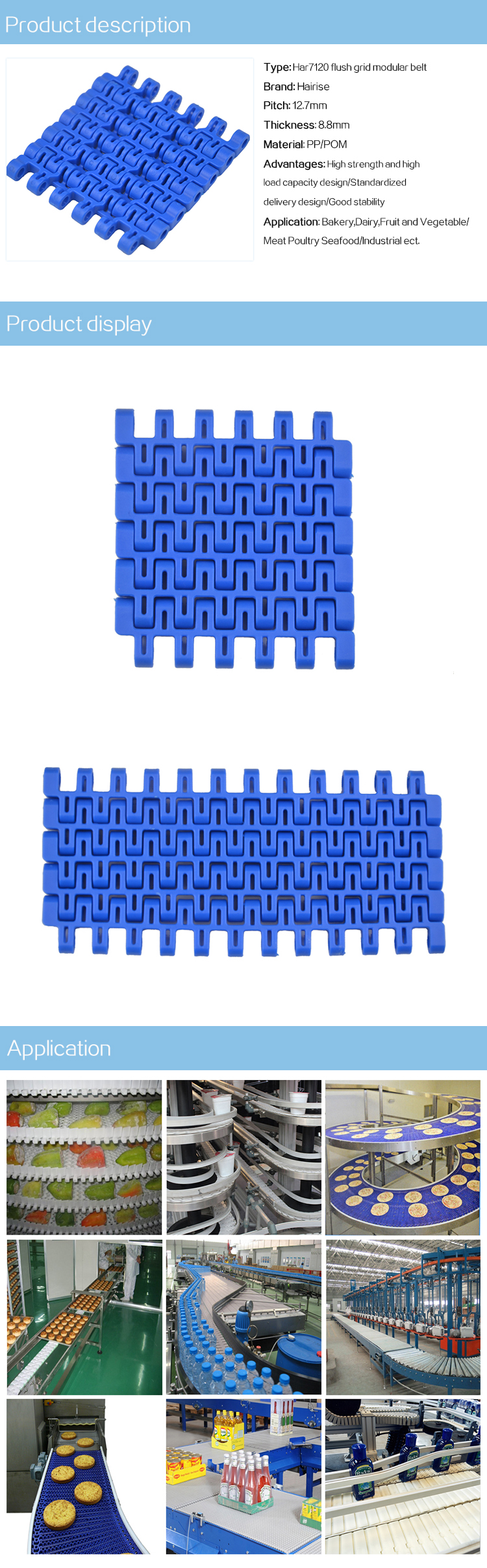 Plastic Modular Belts Cbms7120 series flush grid modular belt