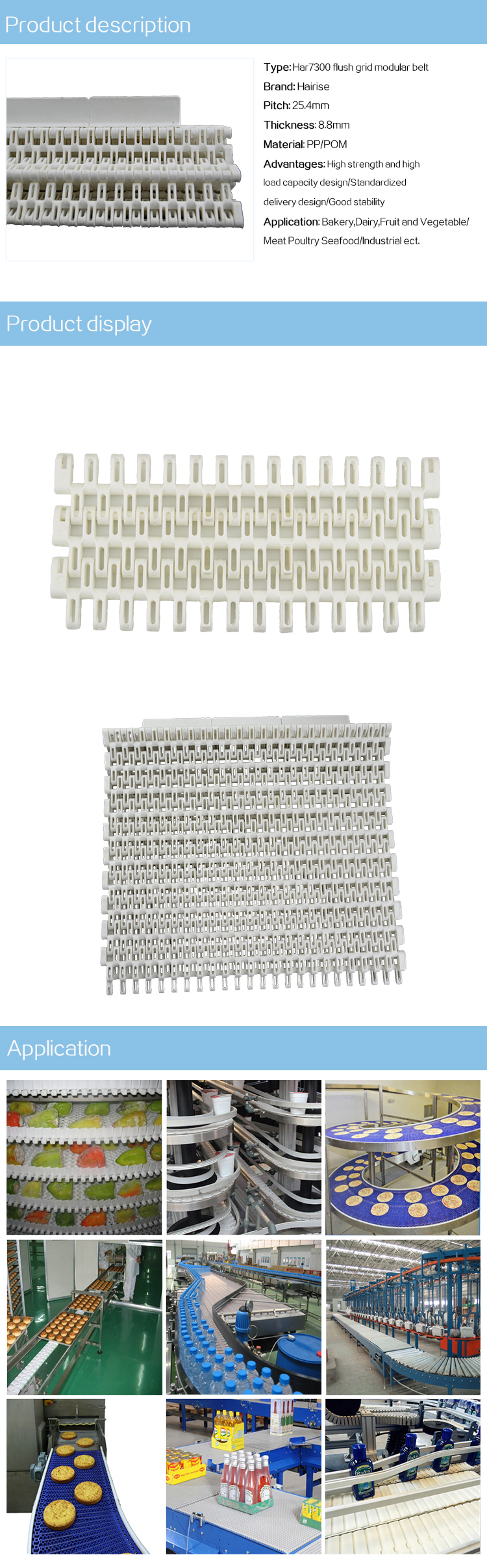 Plastic Modular Belts Cbms7300 seires flush grid modular belt