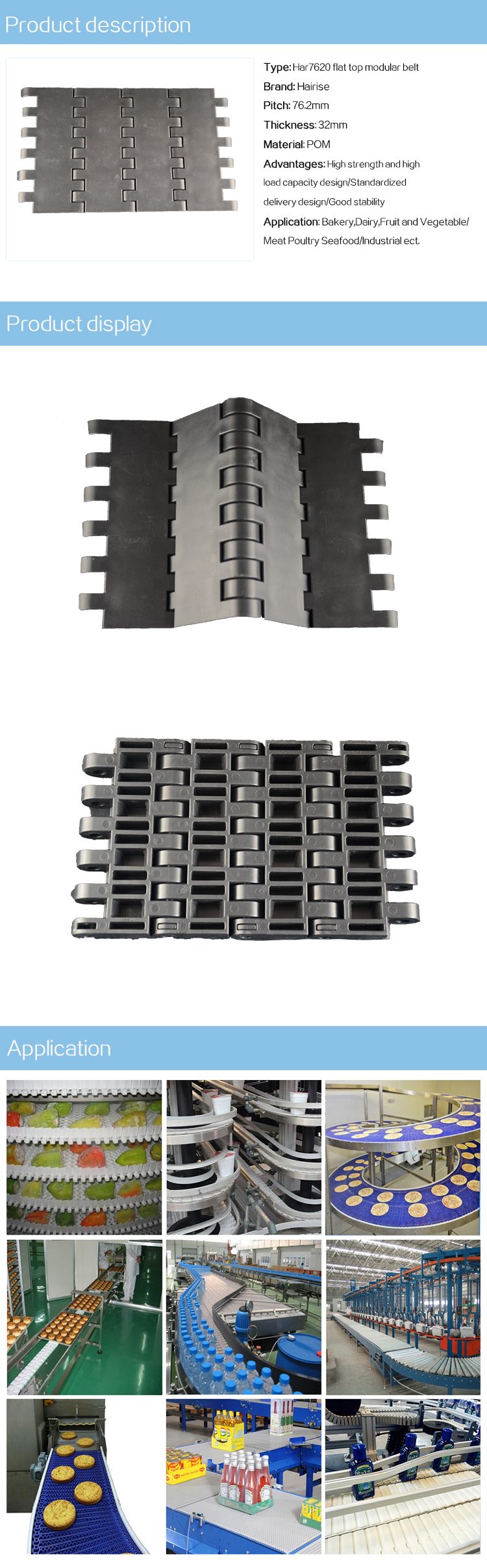 Plastic Modular Belts Cbms7620 series flat top modular belt