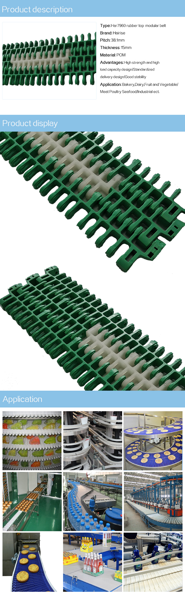 Plastic Modular Belts Cbms7960 series rubber top modular belt