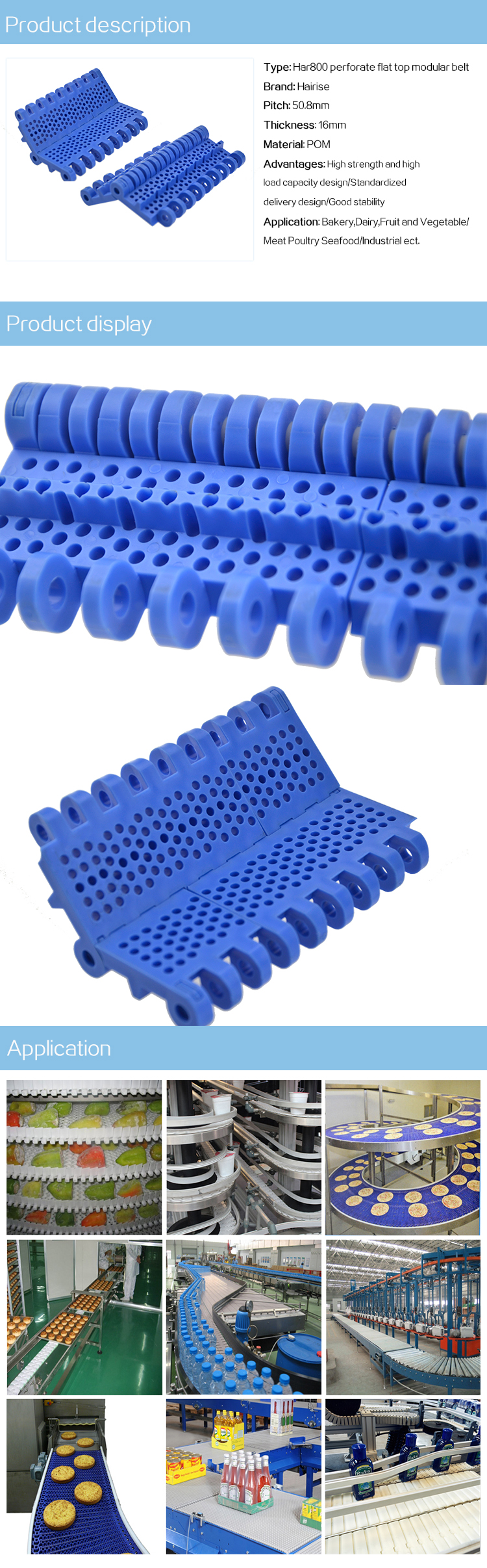 Plastic Modular Belts Cbms800 series perforated flat top modular belt