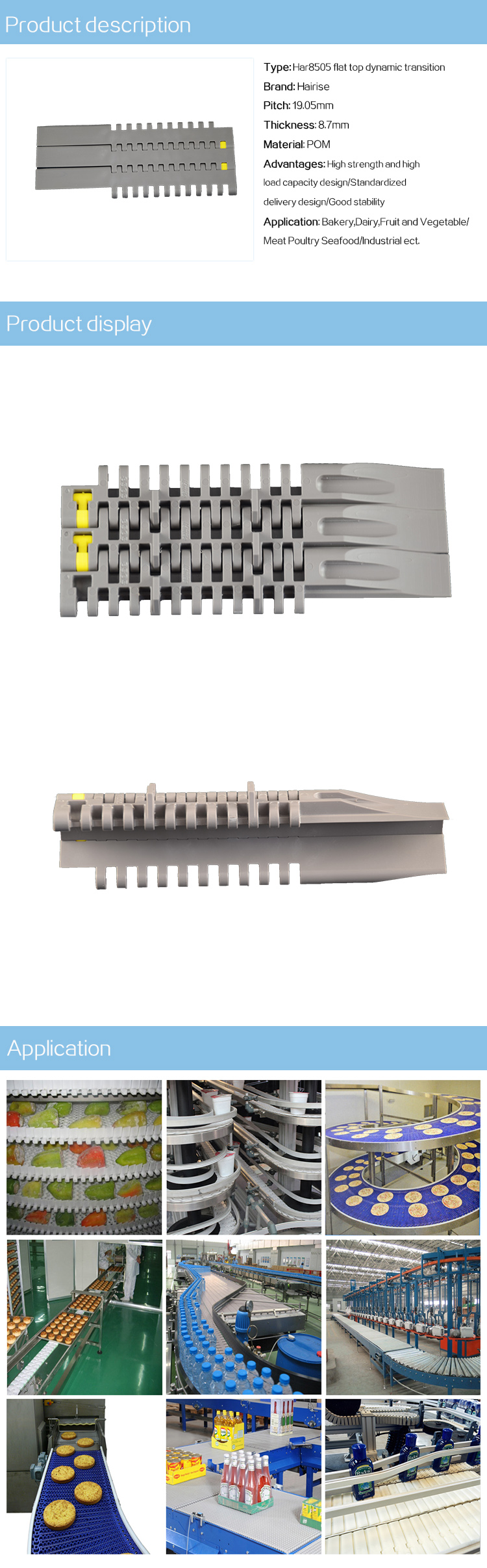 Plastic Modular Belts Cbms8505 series flat top dynamic transition modular belt