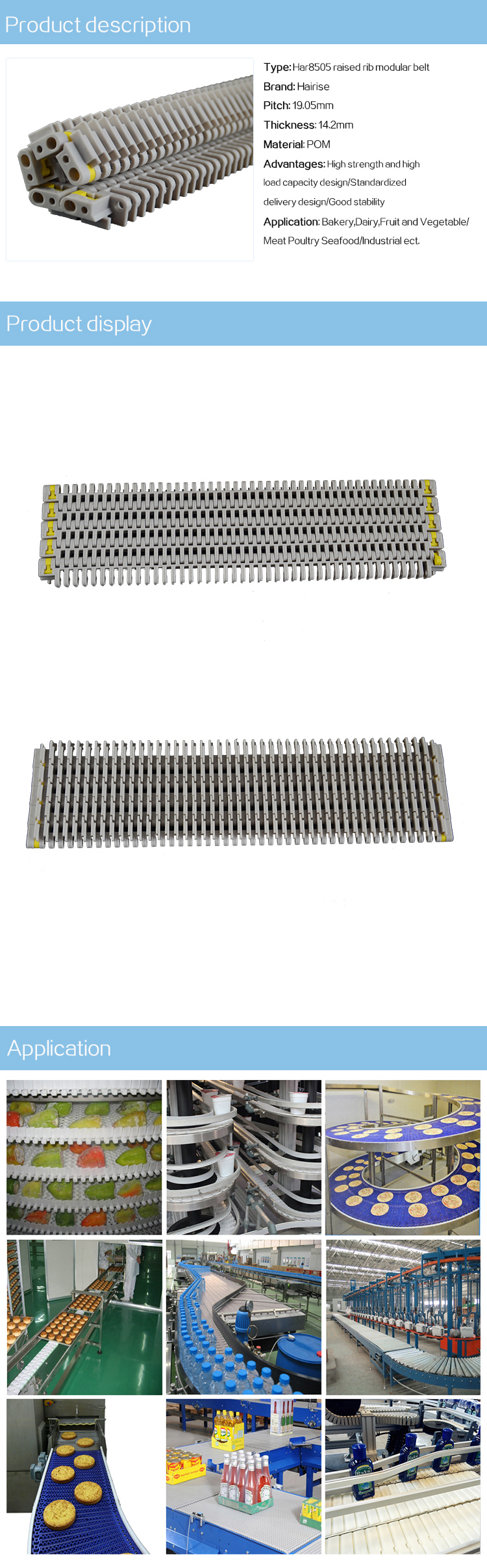 Plastic Modular Belts Cbms8505 series raised rib modular belt