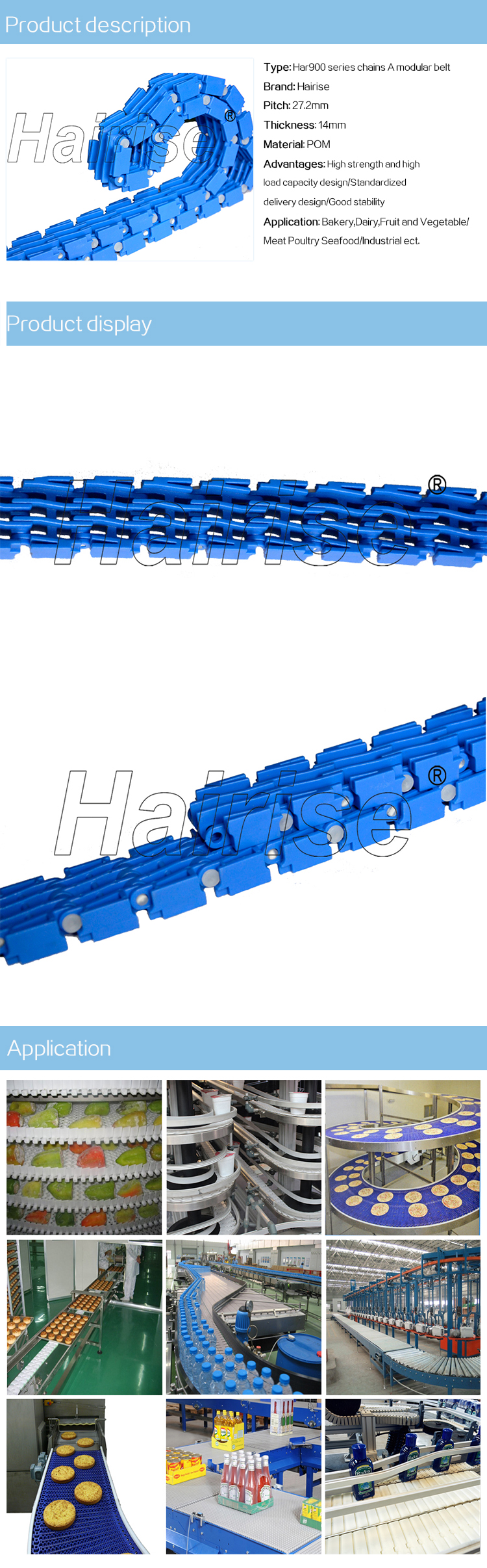 Plastic Modular Belts Cbms900 series packing machine separation chain A modular belt