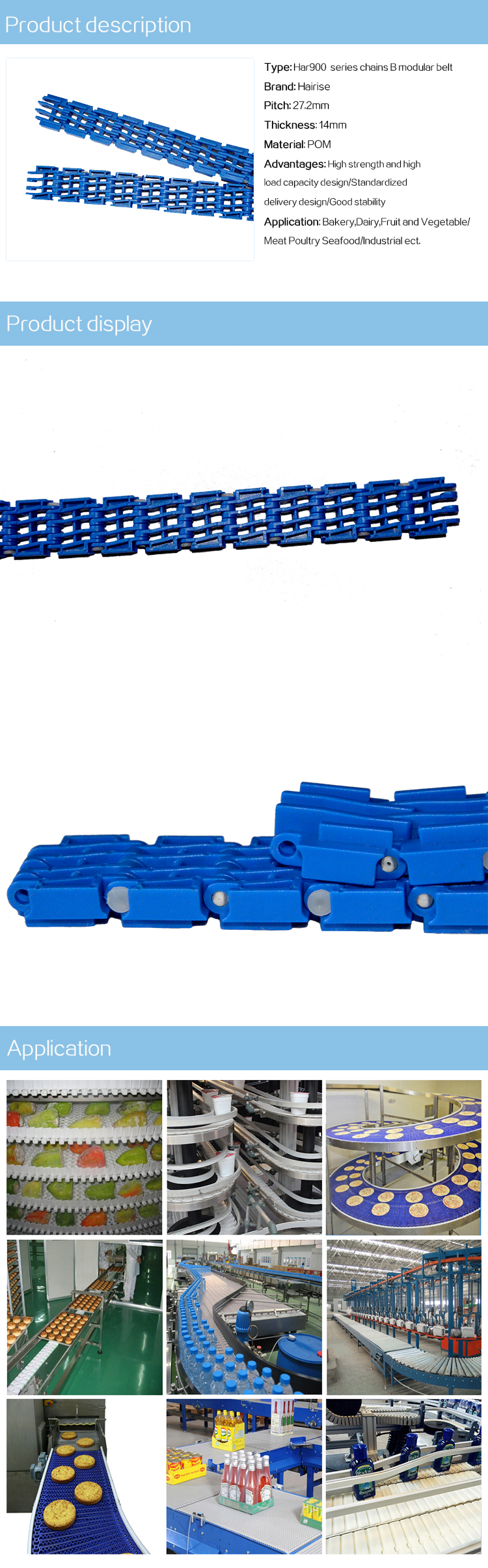 Plastic Modular Belts Cbms900 series packing machine separation chain B modular belt