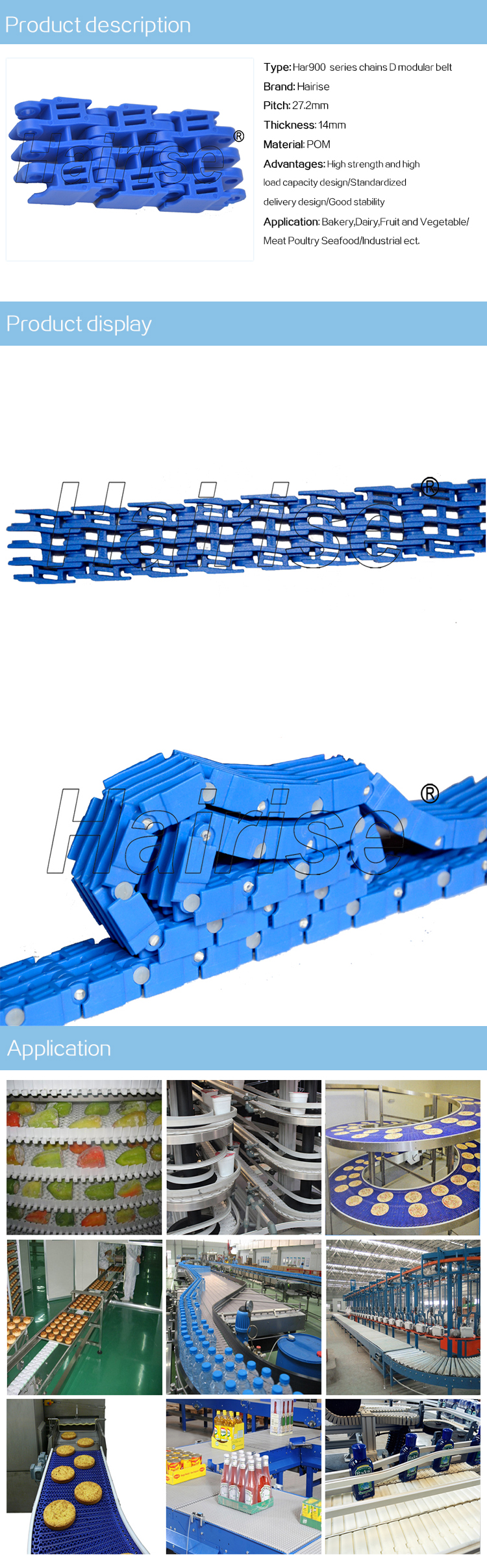 Plastic Modular Belts Cbms900 series packing machine separation chain D modular belt