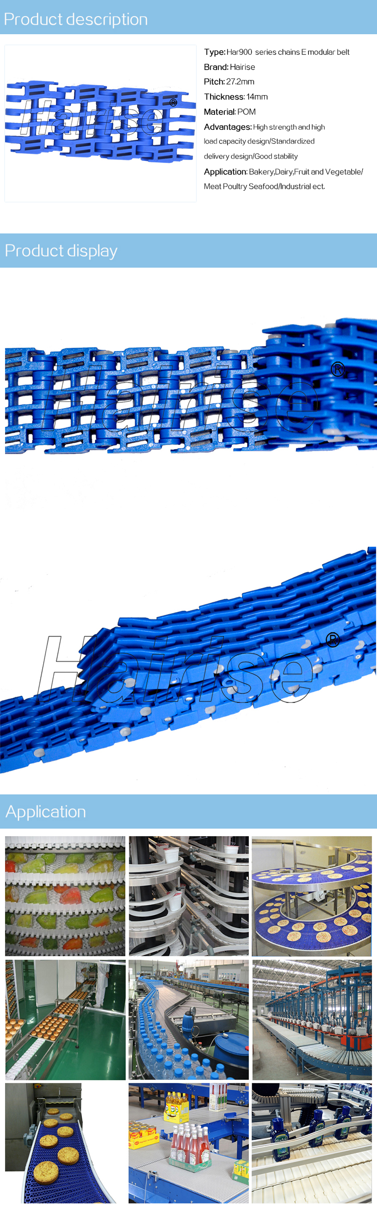Plastic Modular Belts Cbms900 series packing machine separation chain E modular belt