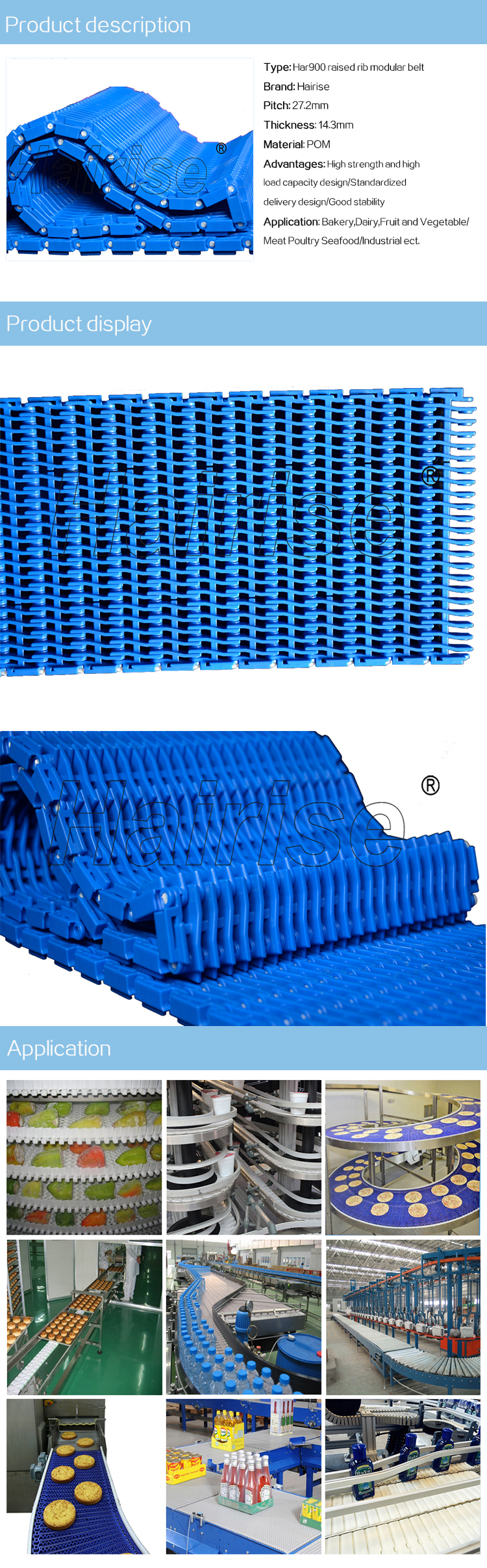 Plastic Modular Belts Cbms900 series raised rib modular belt