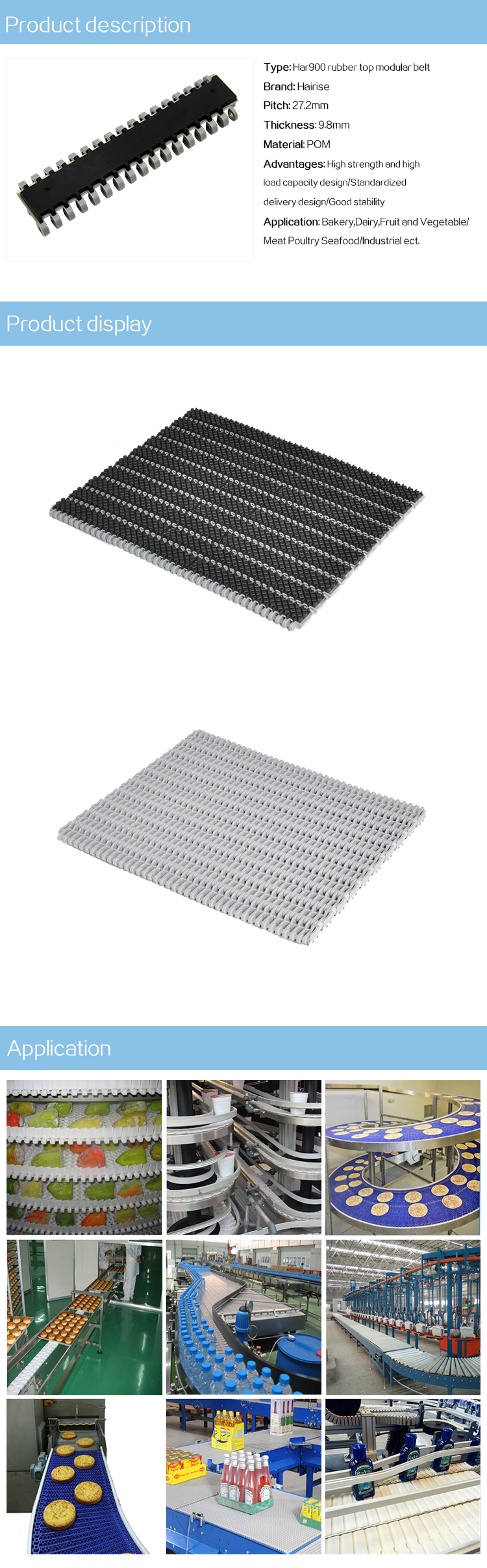 Plastic Modular Belts Cbms900 series rubber top modular belt