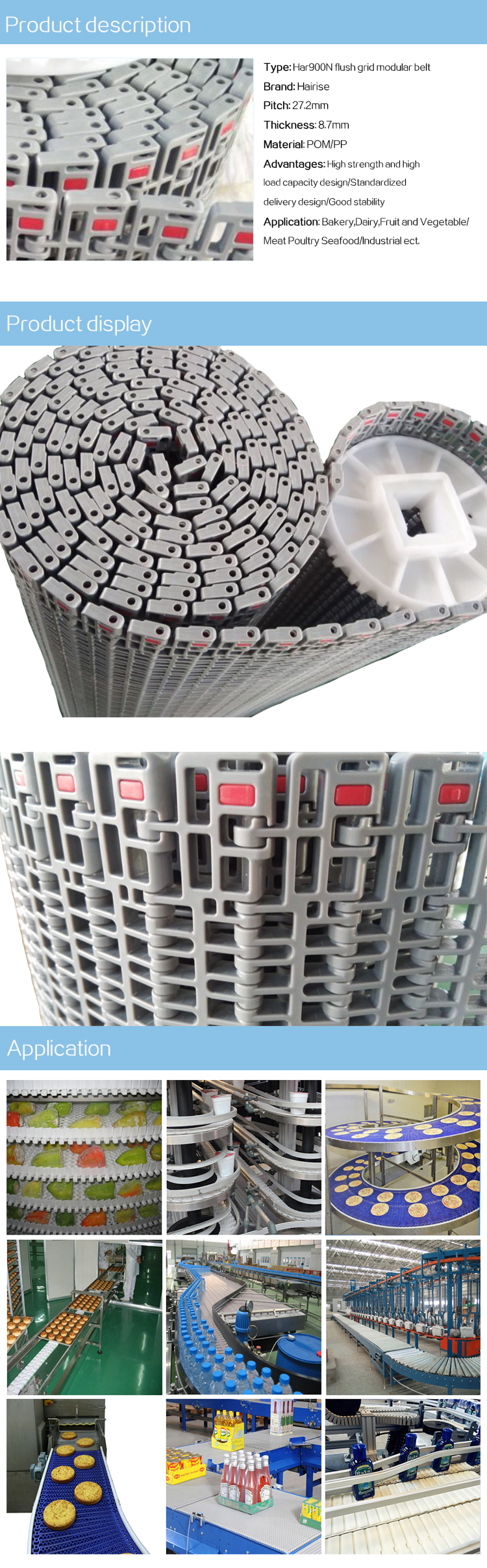Plastic Modular Belts Cbms900N series flush grid modular belt