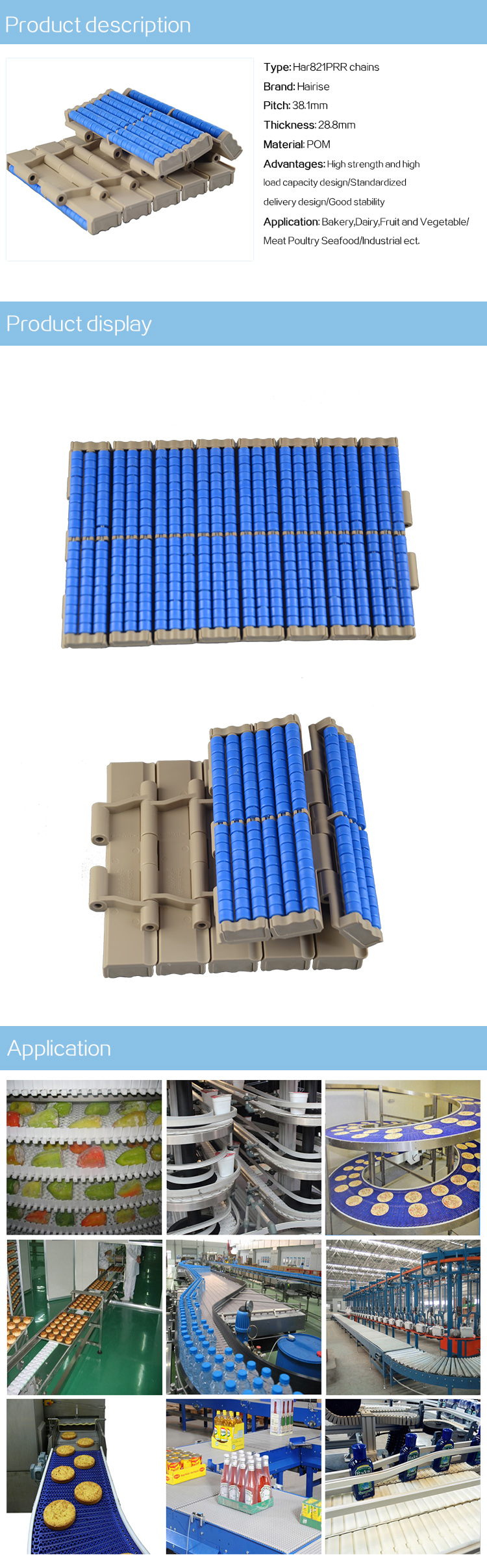 Plastic Slat Top Chains Cbms821PRR series rubber top chains