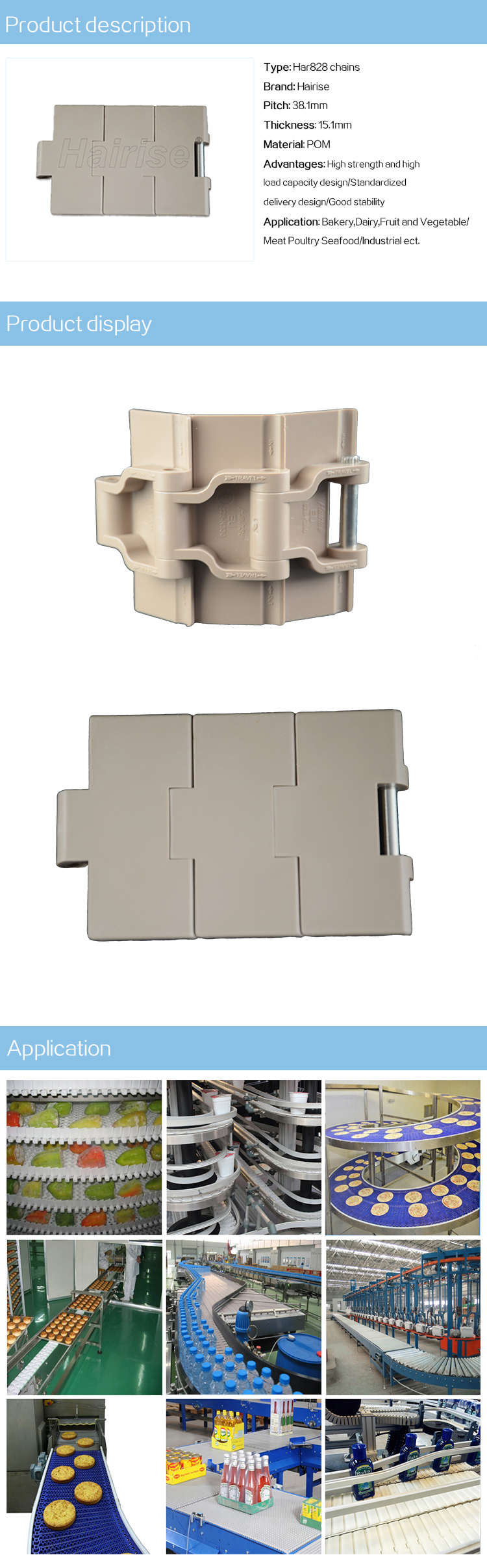 Plastic Slat Top Chains Cbms828 series straight top chains