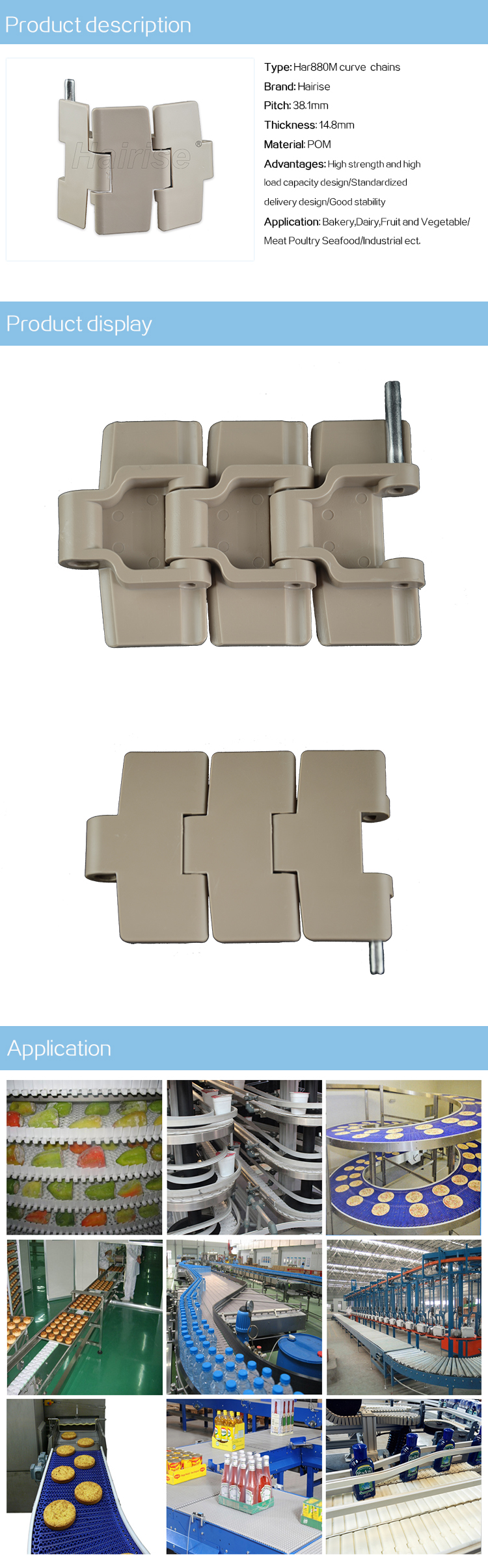 Plastic Slat Top Chains Cbms880M serise curve top chains