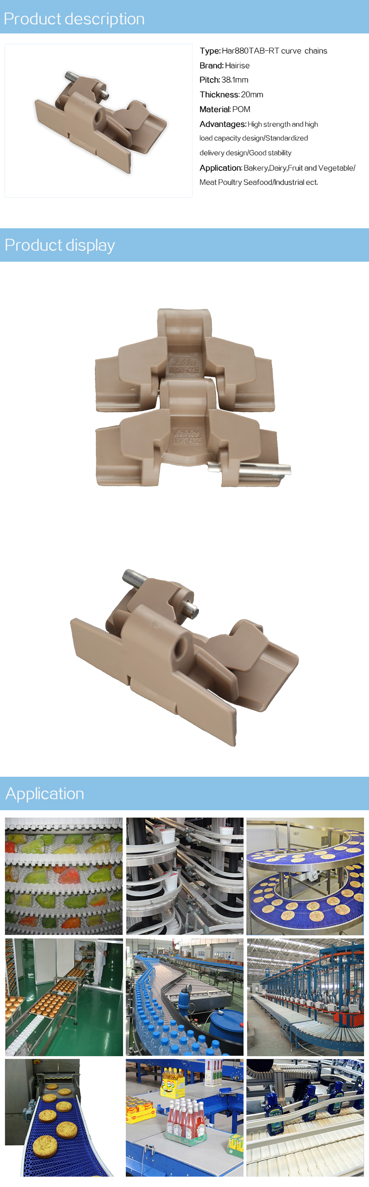 Plastic Slat Top Chains Cbms880TAB-RT series curve top chains