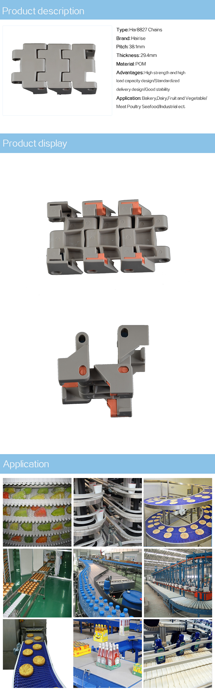 Plastic Slat Top Chains Cbms8827 series straight top chains