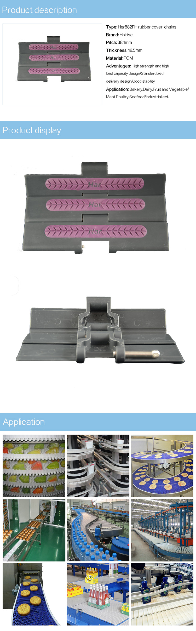 Plastic Slat Top Chains Cbms882FH series straight rubber cover top chains