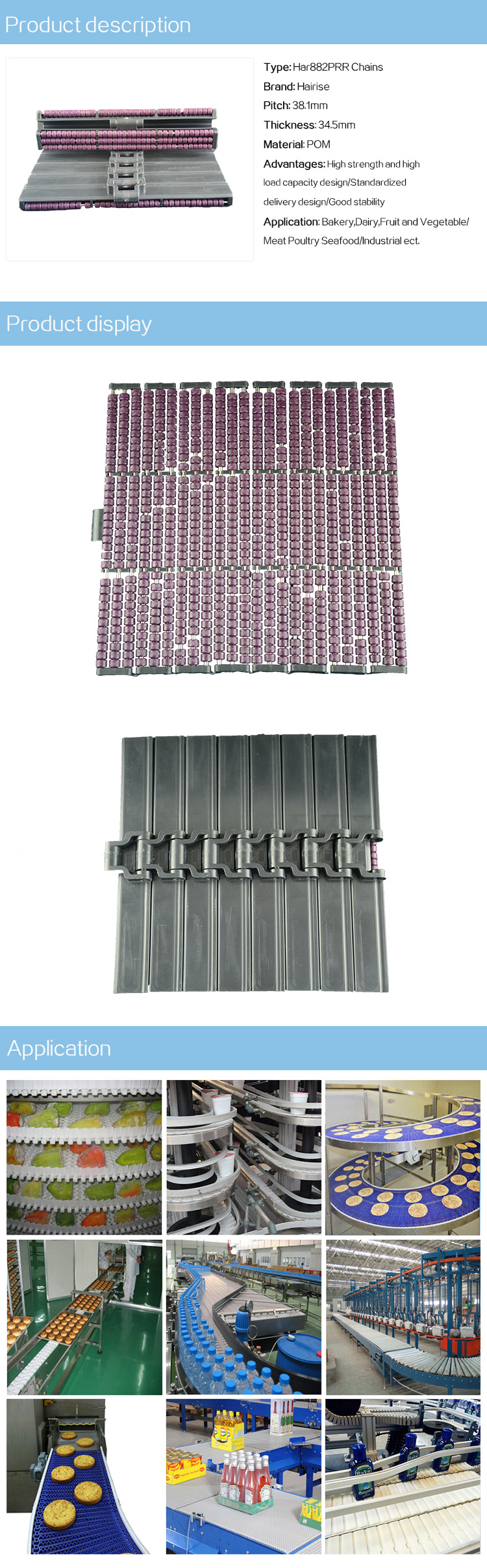 Plastic Slat Top Chains Cbms882PRR series straight top chains