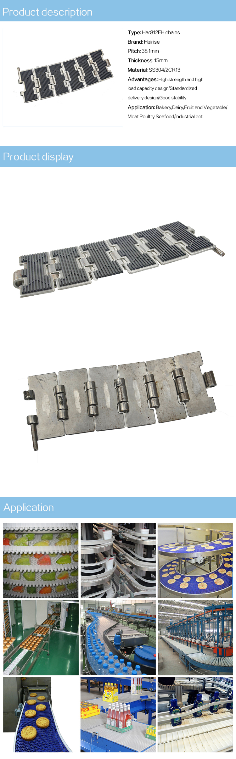 Steel Table Top Chains Cbms812FH series straight rubber cover top chains